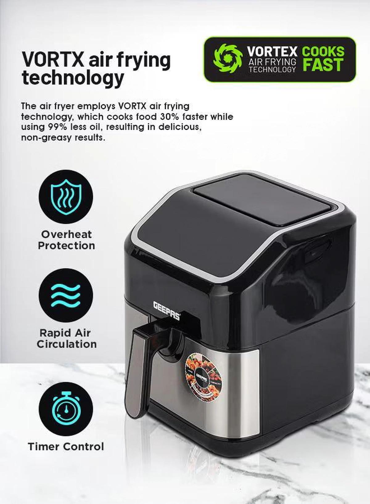 Geepas Digital Air Fryer - Equipped With Vortx Air Frying Technology| Oil Free Cooking Digital Display With Touch Screen| 10 Preset Cooking Modes, 1-60 Minutes Timer| Ideal For Making Fries, Steak, Chicken, Cake, Meat, Bread Etc 5 L 1600 W GAF37527 Black-4-4