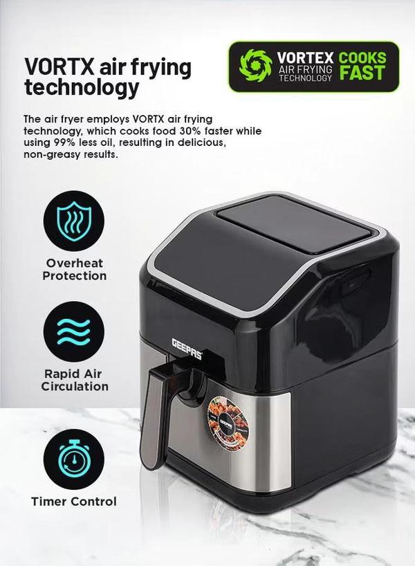 Geepas Digital Air Fryer - Equipped With Vortx Air Frying Technology| Oil Free Cooking Digital Display With Touch Screen| 10 Preset Cooking Modes, 1-60 Minutes Timer| Ideal For Making Fries, Steak, Chicken, Cake, Meat, Bread Etc 5 L 1600 W GAF37527 Black
