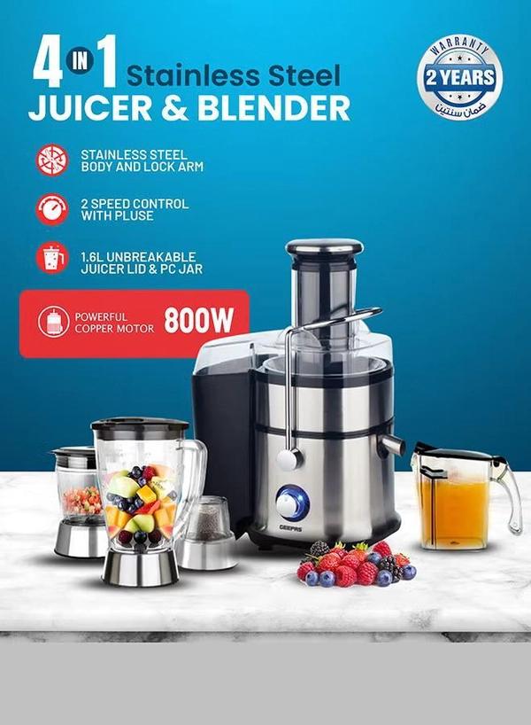 Geepas 4-in-1 Juicer & Blender - Compact Electric Blender, Juicer, Chopper & Grinder | 2-Speed Pulse Function With LED Light for Ice Crusher, Powerful Versatile & Compact, Stainless Steel Blades 800 W GSB5451 Silver/Black