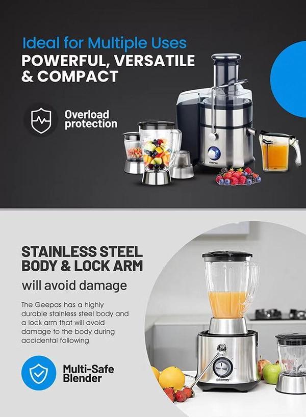 Geepas 4-in-1 Juicer & Blender - Compact Electric Blender, Juicer, Chopper & Grinder | 2-Speed Pulse Function With LED Light for Ice Crusher, Powerful Versatile & Compact, Stainless Steel Blades 800 W GSB5451 Silver/Black