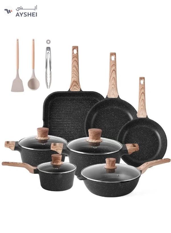 Caannasweis 20Pcs Pots and Pans Set, Nonstick Kitchen Cookware Sets, Granite Pot and Pan, Cooking Pans Pots Set (Classic Black, 20 Piece Cookware set)