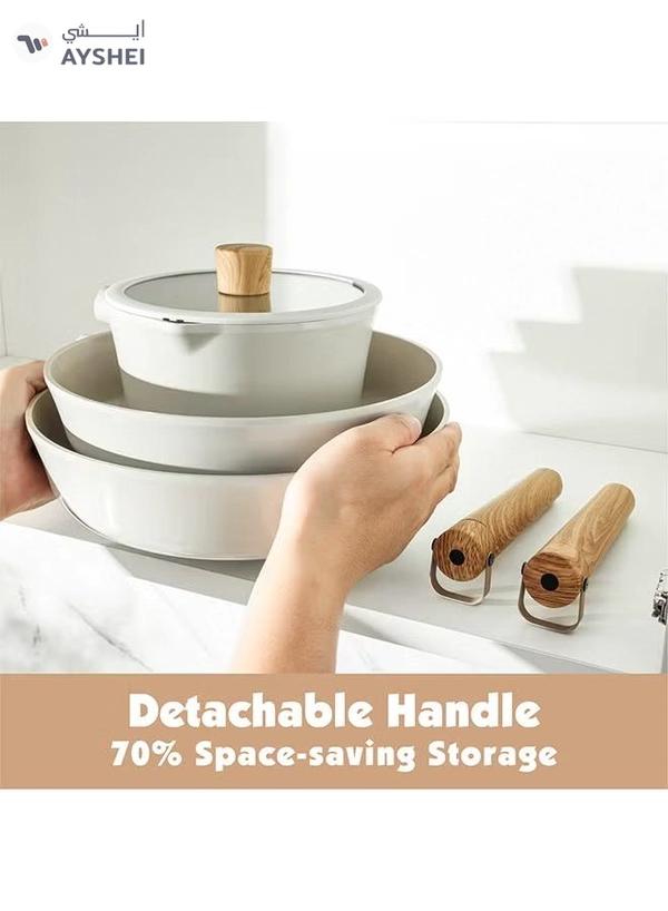 Sensarte 15 Piece Ceramic Non-Stick Cookware Set With Wooden Handles, Pfoa/Pfos/Apeo Free, 1X24Cm Casserole With Lid, 1X28Cm Shallow Casserole With Lid, 1X24Cm Fry Pan, 1X18Cm Sauce Pan With Lid, 1X18Cm Pot, 2 Silicone Utensils, 4X Pan Protector, Cream White
