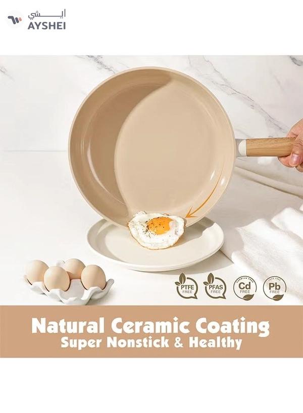 Sensarte 15 Piece Ceramic Non-Stick Cookware Set With Wooden Handles, Pfoa/Pfos/Apeo Free, 1X24Cm Casserole With Lid, 1X28Cm Shallow Casserole With Lid, 1X24Cm Fry Pan, 1X18Cm Sauce Pan With Lid, 1X18Cm Pot, 2 Silicone Utensils, 4X Pan Protector, Cream White