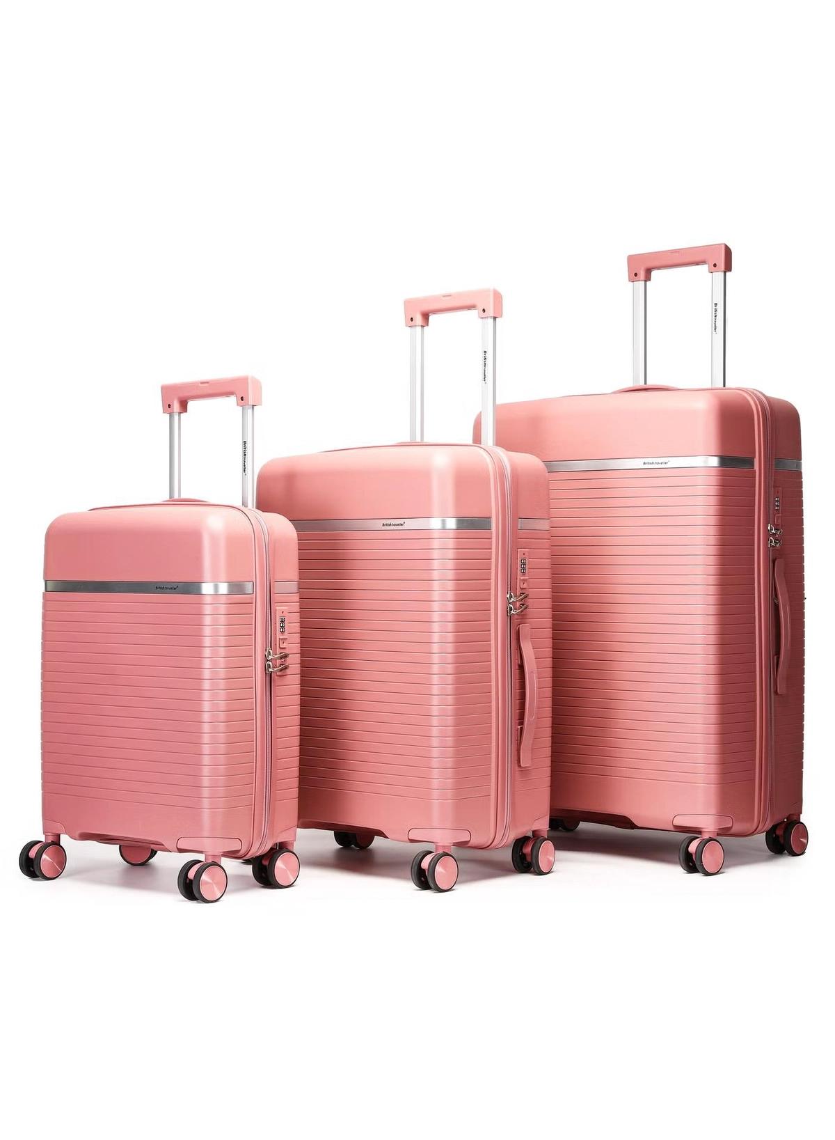 British Traveller 3-Piece Polypropylene Luggage Set | 20”, 24”, 28” Lightweight Suitcases with 360° Spinner Wheels, TSA Lock, Water & Scratch Resistant | Durable Hard Shell Trolley Bags with Telescopic Handle - Pink-0-portrait