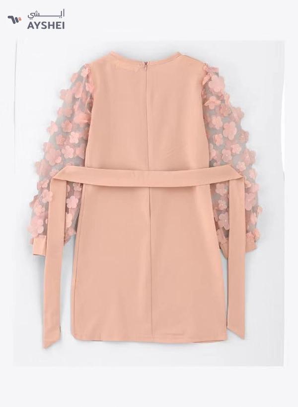 HASHQLO Flower Embellished Full Sleeve Short Dress Pink