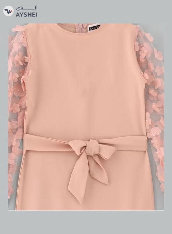 HASHQLO Flower Embellished Full Sleeve Short Dress Pink