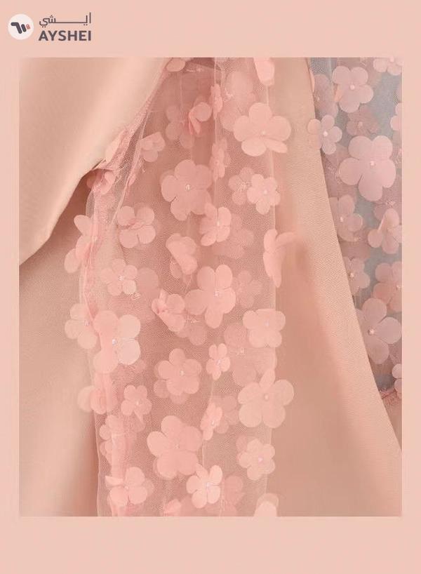 HASHQLO Flower Embellished Full Sleeve Short Dress Pink