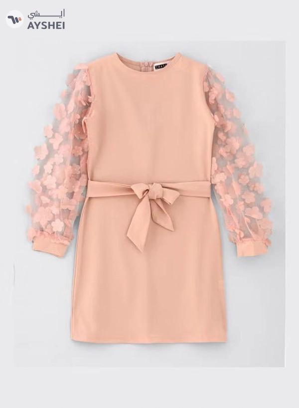 HASHQLO Flower Embellished Full Sleeve Short Dress Pink