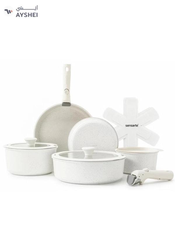 Sensarte Pots And Pans Set Nonstick With Detachable Handles, 14Pcs Induction Cookware Set Stackable, Space Saving Kitchen Cookware Sets With Removable Handle White