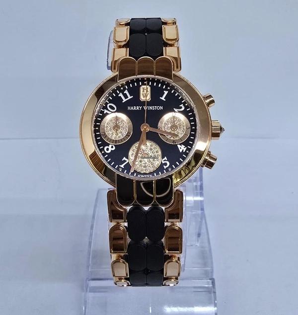Harry Winston | Rose Gold with Chrono Black Dial with Diamond Paved Chrono | Condition: Like new & unworn | Year of production 2018 (Approximation) | Original box | No original papers
