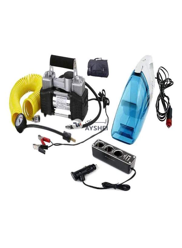 Generic 2 Cylinder Air Compressor And Vacuum Cleaner With USB Car Charger With Triple Socket
