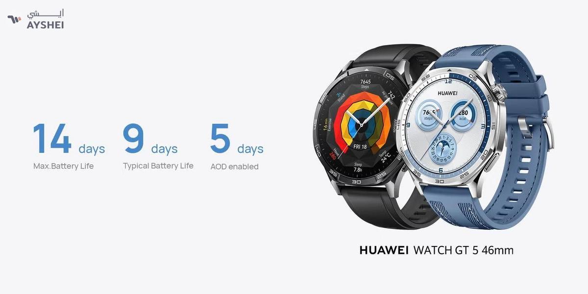 Huawei Watch GT 5 46mm Smartwatch, up to 14 Days Battery Life, All-new Running and Cycling Experience, Sharp-Edged Design Watch, Health Tracking, Compatible with iOS and Android - Fluoroelastomer Strap Black-1-landscape